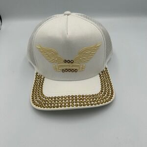 Robins Jean Trucker Hat Mens OSFM White Gold Studded Wing Logo Snapback